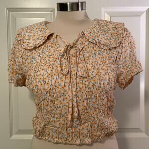 Elodie Smocked Collar Yellow Floral Short Sleeve Crop Top Womens Medium NWT